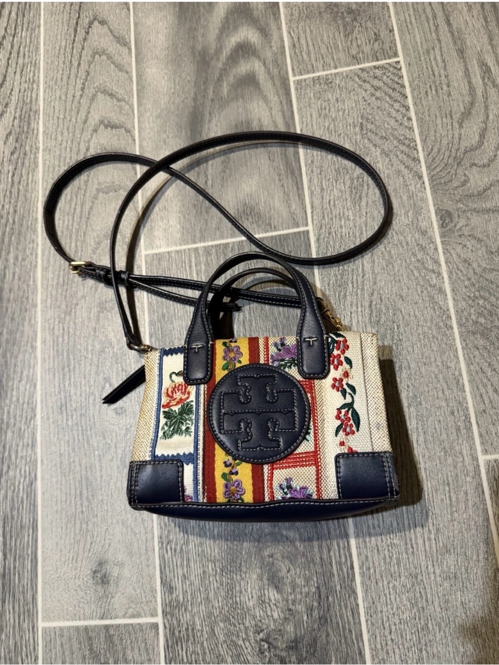 Tory Burch Ella Webbing Patchwork Aviation Ribbon Stripe Bag Mini Tote Crossbody